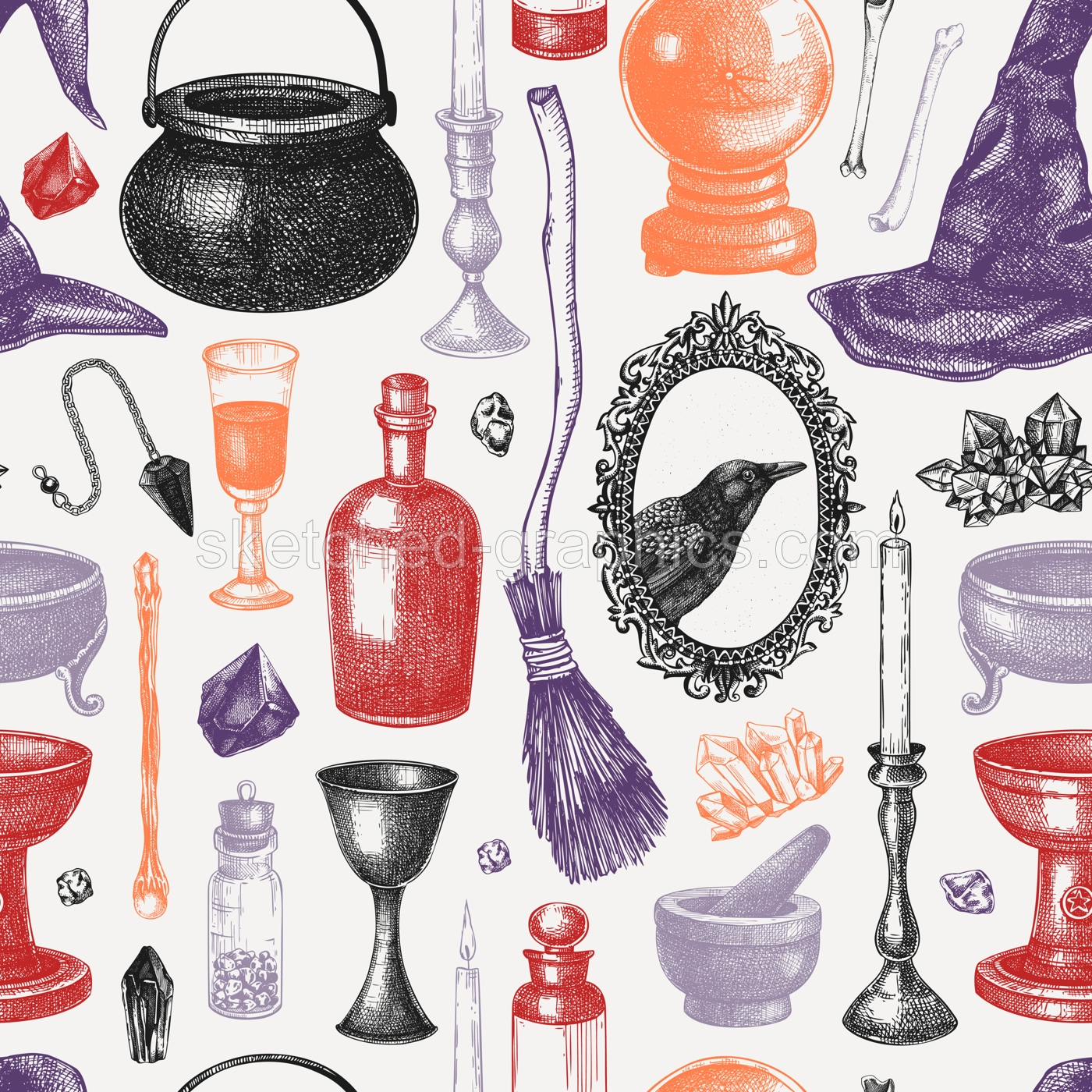 Bohemian style witchcraft background. Vinatge Halloween sketches. Hand-drawn vector illustration. Witchcraft seamless pattern. NOT AI generated Illustration